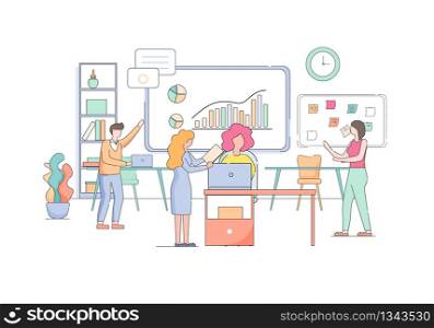 Working Process in Office. Business Men and Women Workflow. Business People Teamwork. Creative Group Communication. Corporate Team on Working Place Background. Linear Cartoon Flat Vector Illustration.. Corporate Office Team on Working Place Background.