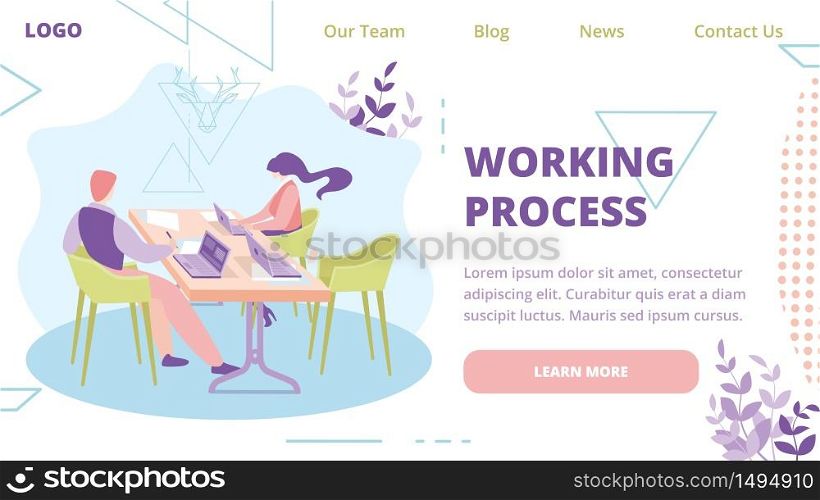 Working Process, Successful Business Company or Startup Flat Vector Web Banner, Landing Page Template. Female and Male Company Employees, Office Workers Team Working Together in Office Illustration