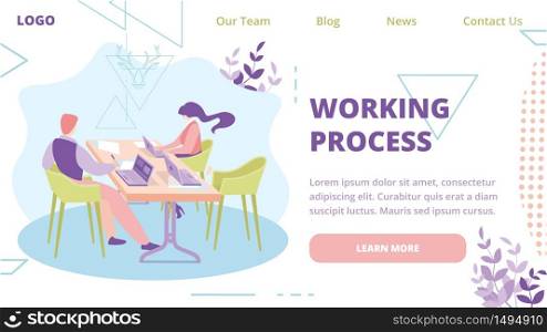 Working Process, Successful Business Company or Startup Flat Vector Web Banner, Landing Page Template. Female and Male Company Employees, Office Workers Team Working Together in Office Illustration