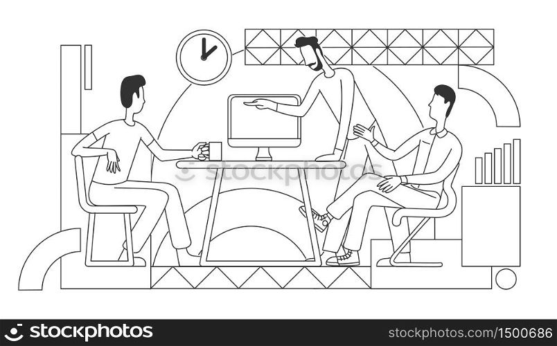 Working process thin line vector illustration. Coworkers discussing business strategy together outline characters on white background. Programmers modern coworking open space simple style drawing