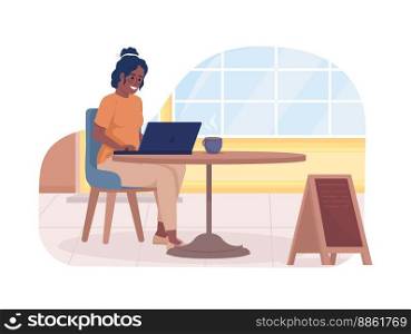Working remotely on cafe terrace 2D vector isolated illustration. Woman sitting outside coffee shop flat character on cartoon background. Colorful editable scene for mobile, website, presentation. Working remotely on cafe terrace 2D vector isolated illustration