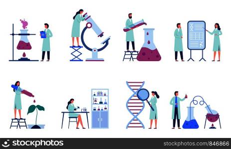Working scientists. Professional lab research, chemistry laboratory workers and science researchers. Infection scientists, biologist engineer working. Isolated flat vector illustration icons set. Working scientists. Professional lab research, chemistry laboratory workers and science researchers flat vector illustration set