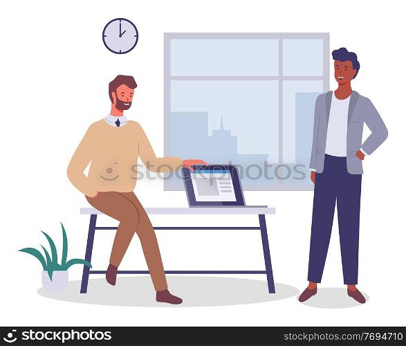 Working space, businessmen sitting on bench with laptop shows colleague data on a computer. Business partners meeting or working process. Male characters talking, communicating. Discussing cooperation. Working space, businessmen sitting on bench with laptop shows colleague data on a computer