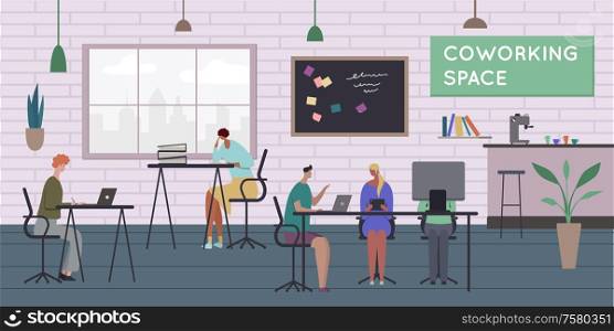 Working space composiion with text and indoor interior of time cafe and persons with books computers vector illustration