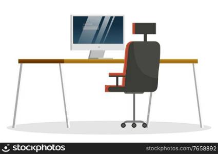 Working space furniture design, isolated set of table and chair with personal computer on desktop. Tabletop with monitor and comfy armchair for director or boss, vector in flat style illustration. Workplace with Computer and Office Chair Vector