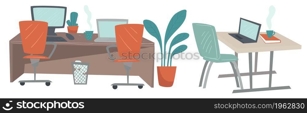 Working space or home office interior design, isolated table with laptop and coffee. Desk with cactus flower and personal computer. Comfortable armchairs and decorative plants. Vector in flat style. Home office, working space interior design vector