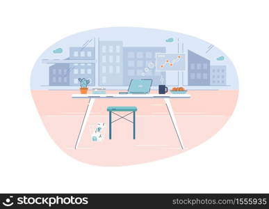 Working table semi flat vector illustration. Home office 2D cartoon interior for commercial use. Company employee, professional freelancer workplace with laptop and snacks. Business analyst workspace. Home workplace semi flat vector illustration