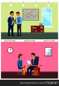 Working task and job interview with boss in office. Manager taking orders, new employee hiring, statistical graphic on wall vector illustrations.. Working Task and Job Interview with Boss in Office