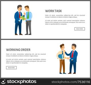 Working task and order, boss giving instructions to employee, conversation between colleagues. Leader encouraging coworker, praising for good job, vector. Working Task and Order, Boss Giving Instructions