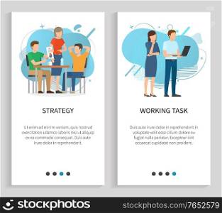 Working task and strategy vector, people planning next steps in business project implementation. Meeting of partners solving problems set. Website or slider app, landing page flat style. Strategy and Working Task, Meeting of Workers
