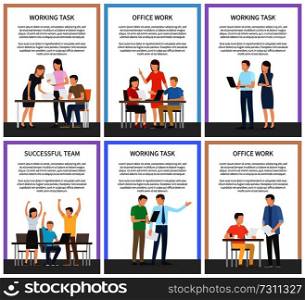 Working task and successful team office work, collection of posters, people busy with brainstorming, finding solution, isolated on vector illustration. Working Task Successful Team Vector Illustration