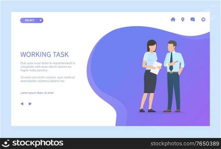 Working task, exchanging papers, woman with documents and man with pen pointer Vector collaboration and teamwork concept, business people. Website or webpage template, landing page flat style. Working Task, Exchanging Papers, Woman and Man