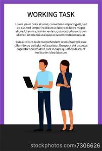 Working task frame banner vector illustration with thinking man and woman with black laptop, lilac border isolated on white background, text s&le. Working Task Frame Banner Vector Illustration