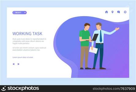 Working task online, man holding wireless device or laptop, worker character portrait view with pc, teamwork of people, males discussing vector. Website or webpage template, landing page flat style. Male Holding Laptop, Men Discussing Work Vector