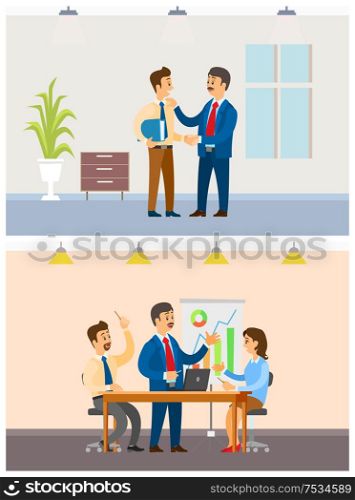 Working task or business meeting, office workers. Boss and employees, company statistics discussion, executive clerk with folder vector illustrations.. Working Task and Business Meeting, Office Workers