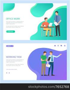 Working task vector, boss talking to employee male, employer giving assignment to man noting down ideas. People at work, office workers set. Website or webpage template, landing page flat style. Successful Team and Working Task, Boss Employer