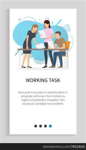 Working task vector, people dealing with assignments from boss, man and woman with documents and papers reading for more info and data analysis. Website slider app template, landing page flat style. Working Task Teamwork Boss and Employees Slider