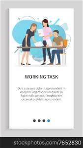 Working task vector, people dealing with assignments from boss, man and woman with documents and papers reading for more info and data analysis. Website slider app template, landing page flat style. Working Task Teamwork Boss and Employees Slider
