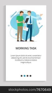 Working task vector, person giving assignments to employee, employer boss pointing on side, male with laptop, coder person with computer. Website slider app template, landing page flat style. Working Task Boss and Worker Employer and Employee