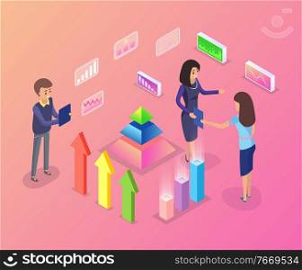 Working team vector, people dealing with information and statistics about business, woman and man with gadget looking at schemes and charts isolated. People with Information, Statistics and Infocharts