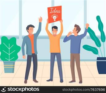 Working team vector, people with banner idea of man. Businessman with thoughts and plan to improve company projects. Office workers, collaboration. Business Team Having Idea, Businessman in Office