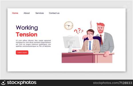 Working tension landing page vector template. Everyday stress website interface idea, flat illustrations. Workplace homepage layout. Demanding boss. Nervous worker web banner, webpage cartoon concept