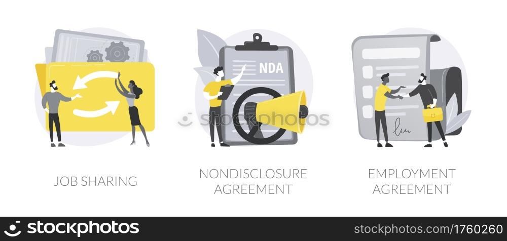 Working terms abstract concept vector illustration set. Job sharing, nondisclosure agreement, employment agreement, part time job, confidential information, financial relations abstract metaphor.. Working terms abstract concept vector illustrations.