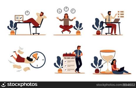 Working time planning. Work schedule, organize works productivity and tasks time management. Office work time activities, it team productive deadline plan. Flat isolated icons vector illustration set. Working time planning. Work schedule, organize works productivity and tasks time management flat vector illustration set