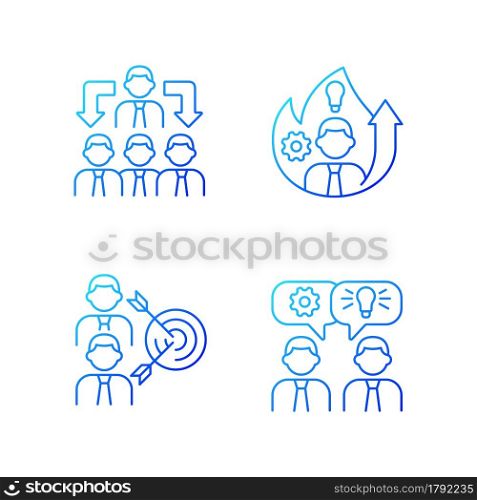Working together gradient linear vector icons set. Office members coordination. Group communication. Coworking. Thin line contour symbols bundle. Isolated vector outline illustrations collection. Working together gradient linear vector icons set