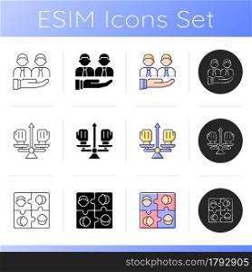 Working together icons set. Group meetings and communication. Conflict management. Coworkers interaction and cohesion. Linear, black and RGB color styles. Isolated vector illustrations. Working together icons set