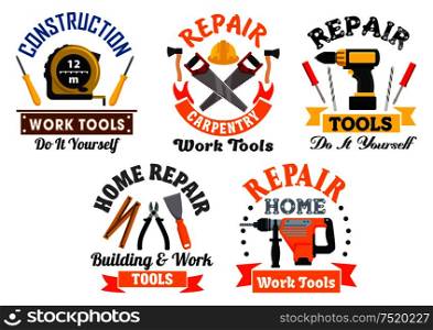 Working tool and equipment isolated symbols with drill, screwdriver, spatula, saw, axe, measuring tape, and pliers supplemented by ribbon banners. Building and repair service design. Working tool and equipment isolated symbol set