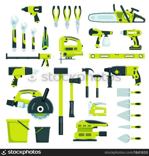 Working tools, construction and repair equipment, building instruments. Hammer, wrench, pliers, home renovation carpenter tool vector set. Home remodeling, carpentry elements isolated on white. Working tools, construction and repair equipment, building instruments. Hammer, wrench, pliers, home renovation carpenter tool vector set