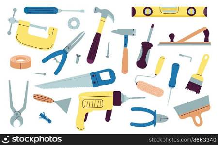 Working tools. Repairman toolkit with drill, hammer, screws wrench. Carpenter doodle construction and building flat equipment, home instruments decent vector icons. Illustration repairman toolkit. Working tools. Repairman toolkit with drill, hammer, screws wrench. Carpenter doodle construction and building flat equipment, home instruments decent vector icons