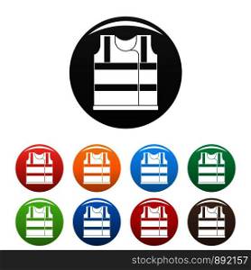 Working vest icons set 9 color vector isolated on white for any design. Working vest icons set color