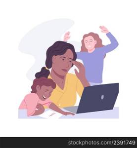 Working with children isolated cartoon vector illustrations. Exhausted woman works from home with kids, multitasking activity, remote work, distance job difficulty, telework vector cartoon.. Working with children isolated cartoon vector illustrations.