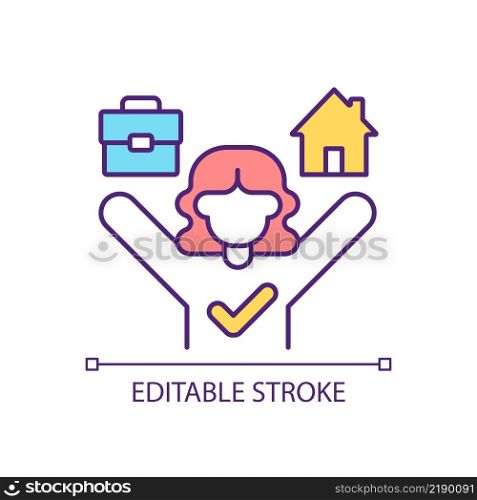 Working woman balance between job and home RGB color icon. Maintaining work-life stability. Healthy approach. Isolated vector illustration. Simple filled line drawing. Editable stroke. Arial font used. Working woman balance between job and home RGB color icon