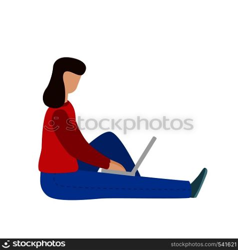 Working woman sitting with a laptop. Social network concept. Freelance remote work. Flat vector concept illustration isolated on white background. Working woman sitting with a laptop. Social network concept. Freelance remote work.