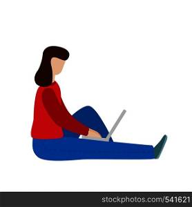 Working woman sitting with a laptop. Social network concept. Freelance remote work. Flat vector concept illustration isolated on white background. Working woman sitting with a laptop. Social network concept. Freelance remote work.