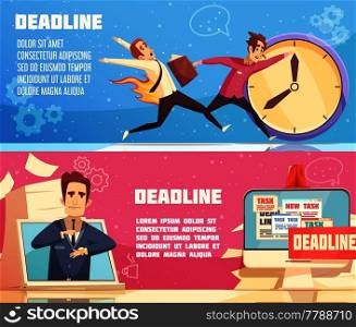 Workloads deadline pressures work stress for managers leaders and burning out cartoon symbols 2 horizontal banners vector illustration      . Business Work Deadline Horizontal Banners 