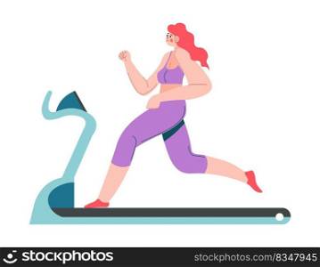 Workout and exercises for keeping kit and slim, stay healthy and attractive. Isolated female character running on treadmill. Training and jogging, cardio strengthen of body. Vector in flat style. Woman running on treadmill workout and exercises