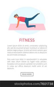 Workout and fitness, girl lifting legs on mat or rug vector. Healthy lifestyle and sport tips online web page template, buttocks and legs muscles pumping. Fitness and Sport, Girl Lifting Legs on Mat or Rug