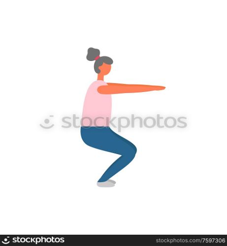 Workout and fitness training, woman doing squats vector. Legs and buttoks muscles pumping, healthy lifestyle and sport exercise, isolated female character. Woman Doing Squats, Workout and Fitness Training