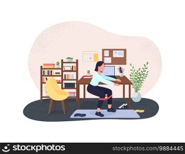 Workout break at workplace 2D vector web banner, poster. Woman training. Freelancer exercising at home flat characters on cartoon background. Sit ups at workplace printable patch, colorful web element. Workout break at workplace 2D vector web banner, poster