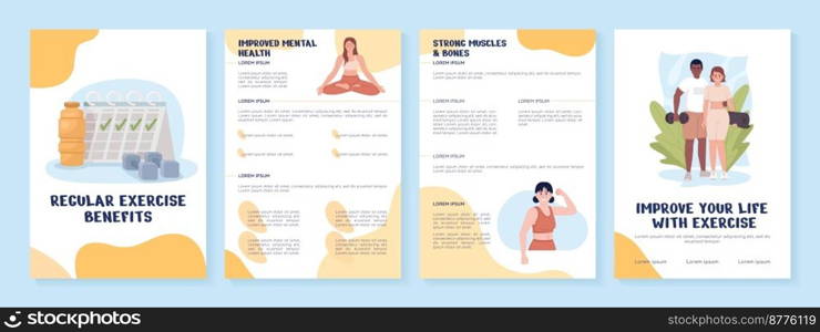 Workout consistency pros flat vector brochure template. Booklet, leaflet printable flat color designs. Editable magazine page, reports kit with text space. Nerko One, Quicksand, Comfortaa fonts used. Workout consistency pros flat vector brochure template