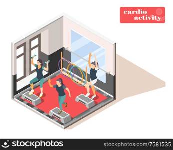 Workout fitness center facility interior isometric composition with cardio activity and hand weights indoor exercising vector illustration