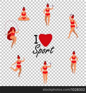 Workout Girl Set. Woman Full Body Fitness, Yoga Exercises with Dumbbells, Jumping Rope. Fitness, Weight Loss. Plus Size I Love Sport Cartoon Flat Vector Illustration Isolated on Transparent Background. Workout Girl Set. Woman Full Body Fitness,