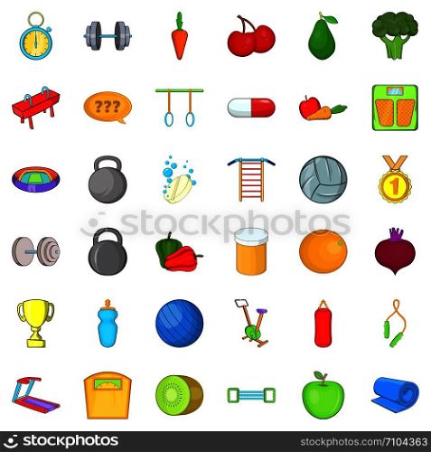 Workout icons set. Cartoon style of 36 workout vector icons for web isolated on white background. Workout icons set, cartoon style