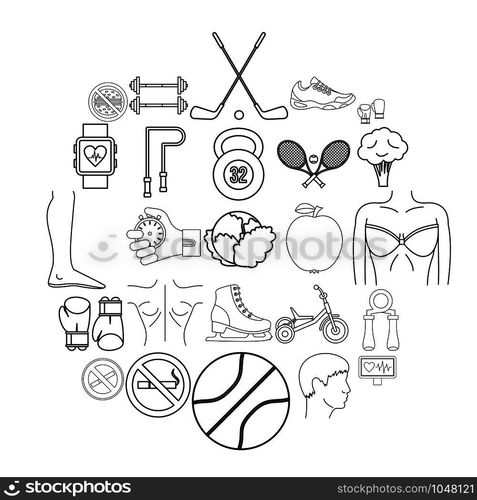 Workout icons set. Outline set of 25 workout vector icons for web isolated on white background. Workout icons set, outline style