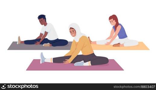 Workout in sport club semi flat color vector character. Editable figure. Full body people on white. Stretching exercises simple cartoon style illustration for web graphic design and animation. Workout in sport club semi flat color vector character