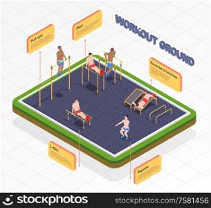 Workout isometric people infographic composition with pop-up bubbles with editable text sports area and people vector illustration
